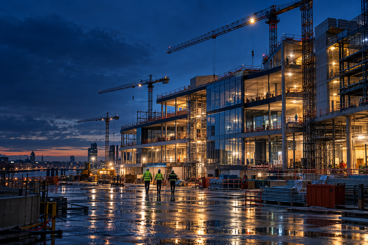 Chantier contemporain éclairé à la nuit tombante, avec grues et équipes sur site